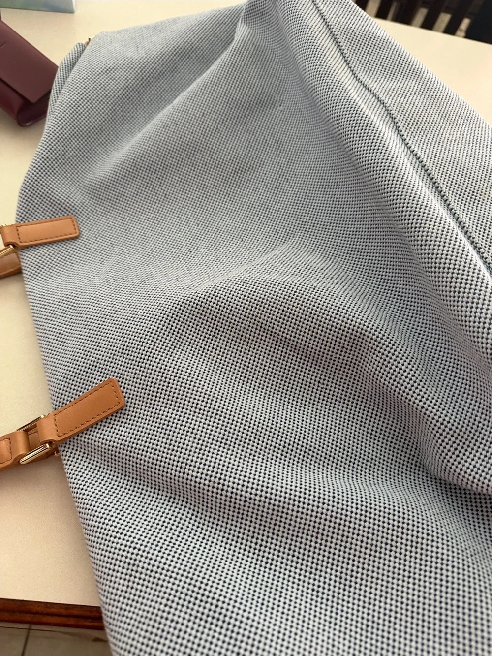 Tory Burch Light Blue Canvas Weekender with Tan Leather Logo